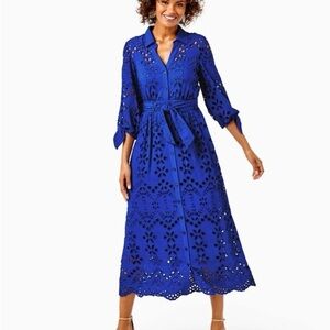 Lilly Pulitzer Borealis Blue Amrita Midi Eyelet Shirtdress Sundress Size 0